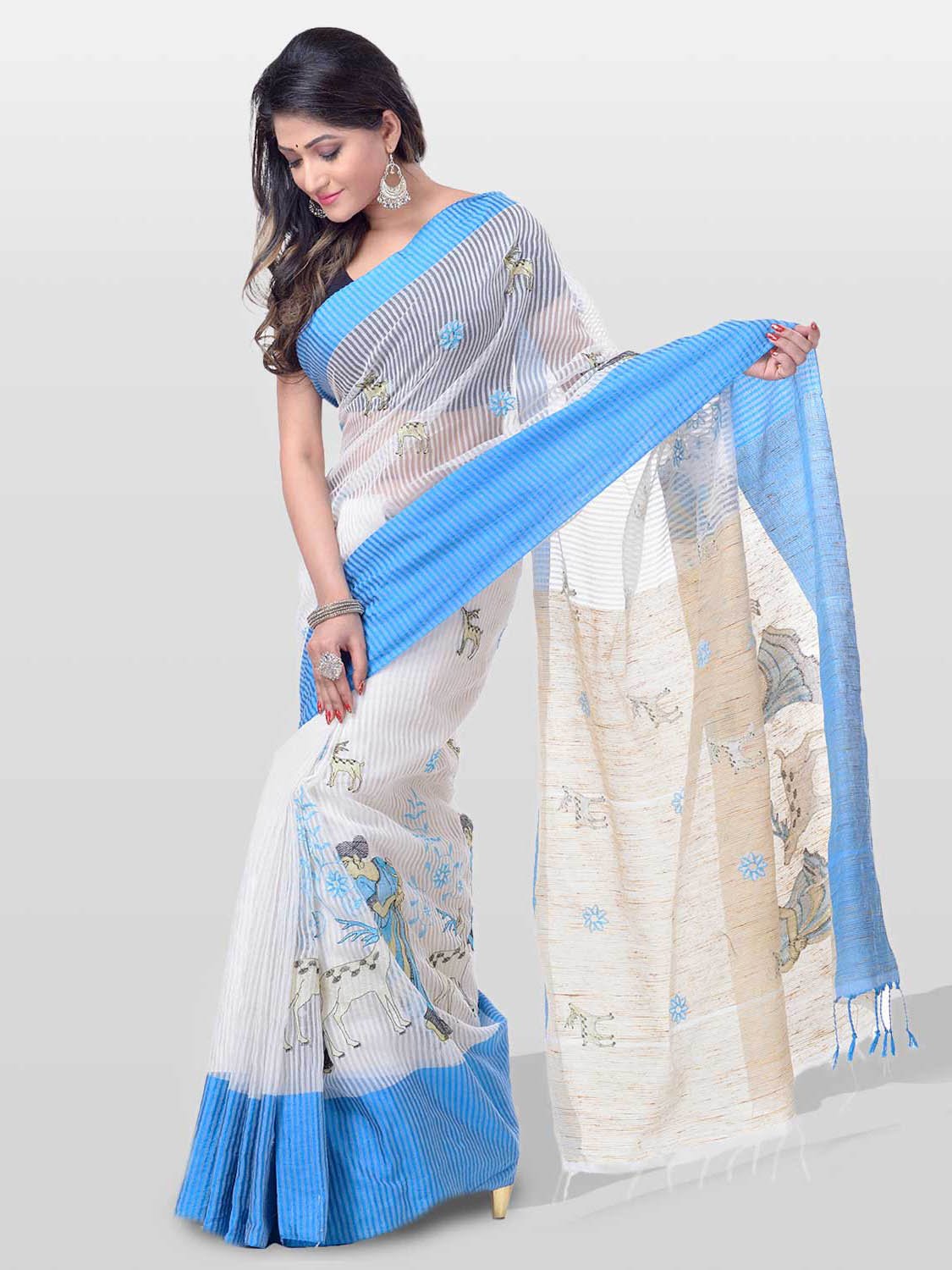 Women's Traditional Bengali Khadi Cotton Handloom Sakuntala Tant Saree of Bengal with Blouse Piece (Blue White)